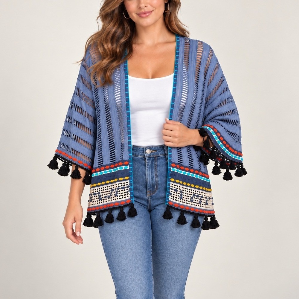 Conditions Apply Anthropologie Cardigan S/M Blue Tassel Open Front Boho